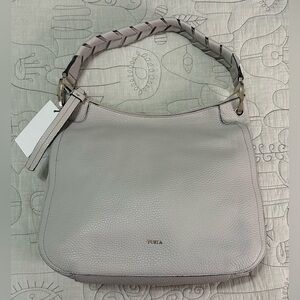 NEW Furla Rialto M Grained Leather Hobo Bag Beige Braided Strap Gold Hardware